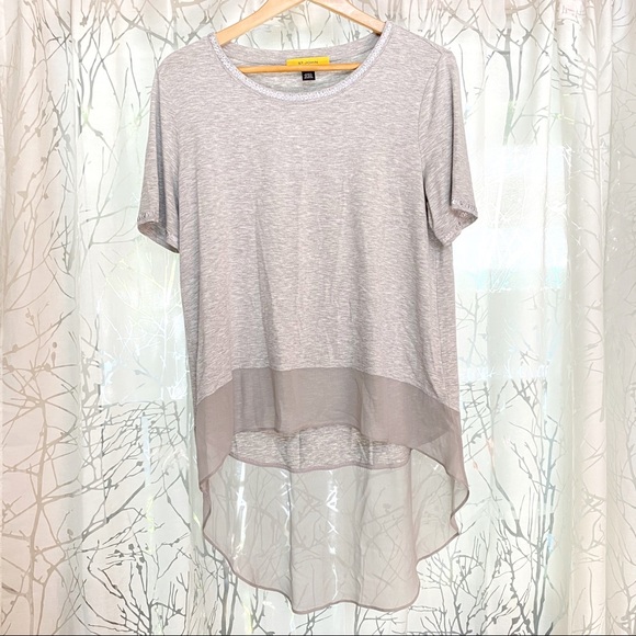 St. John Tops - St. John Gray sequin trim scoop neck sheer silk peplum bottom high low Tunic top